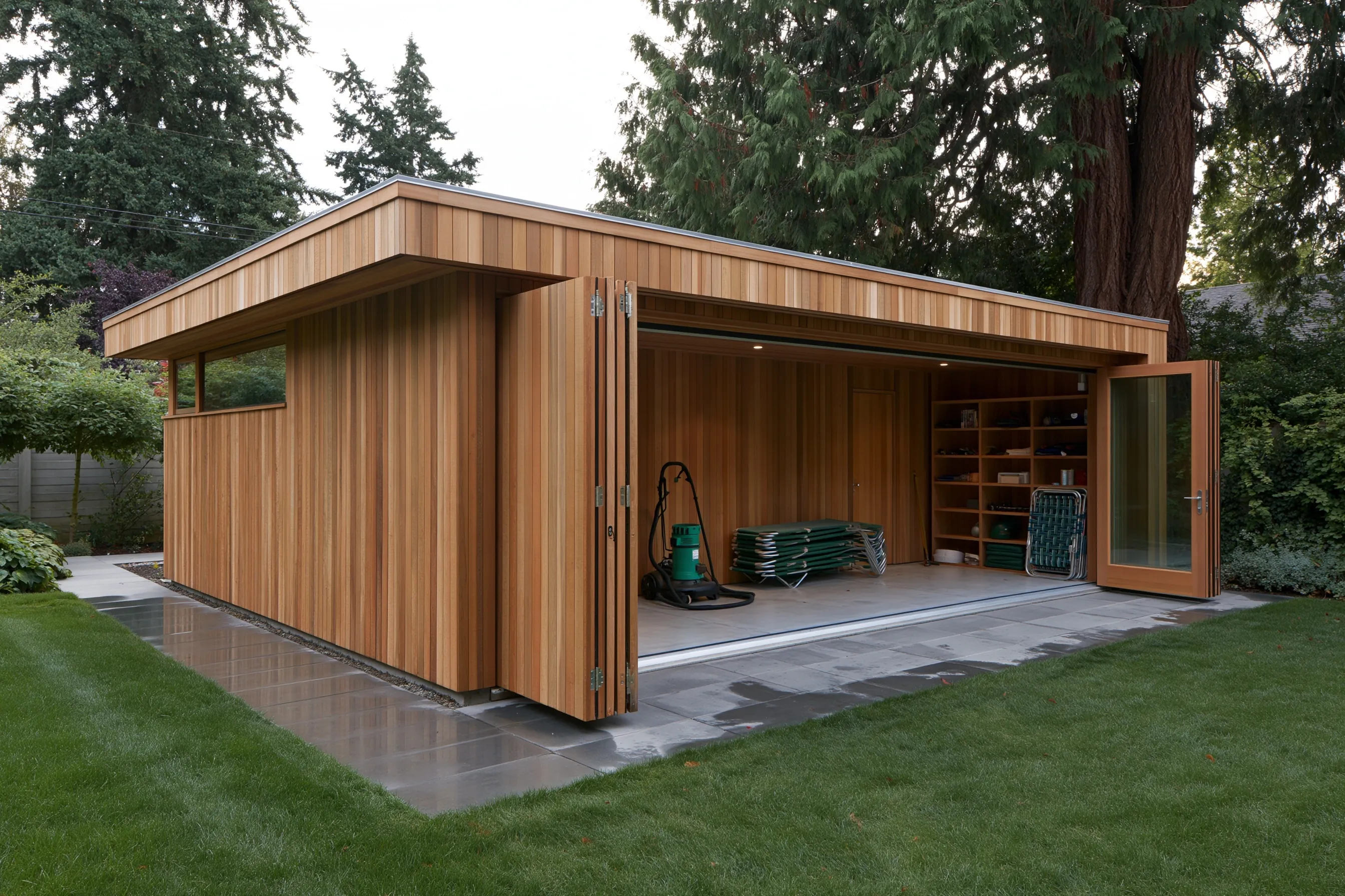 Cedar-clad building with folding doors and a glass door open to a storage room holding a pool cleaner, folded loungers and shelves