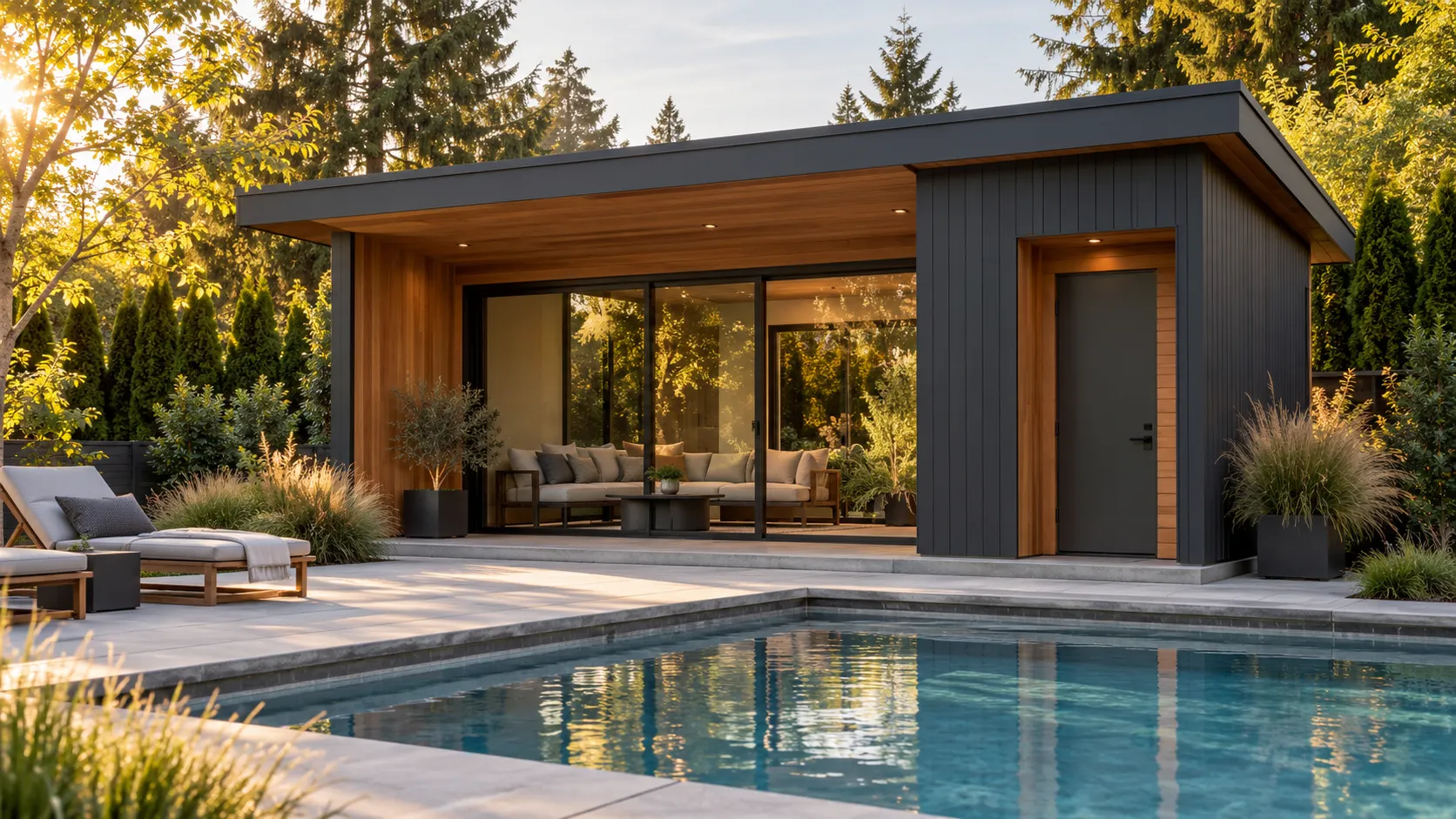 Modern charcoal pool house with a low shed roof, glazed lounge, separate side door and poolside patio.