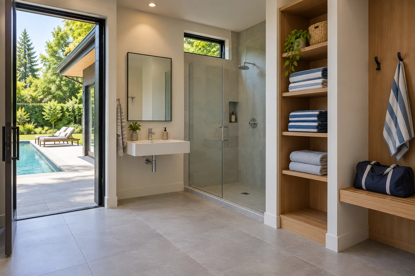 Poolside bathroom with a glass shower, wall-mounted basin, towel shelving and a bench beside an open patio door.