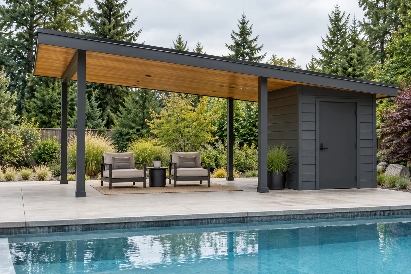 Open-sided charcoal and timber cabana with two lounge chairs beside an enclosed room and a swimming pool.